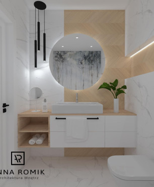 Projekt łazienki w bieli i drewnie