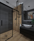 Projekt łazienki z prysznicem oraz czarną słuchawką podtynkową
