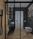 Projekt łazienki z czarną armaturą łazienkową oraz czarnymi płytkami na ścianie