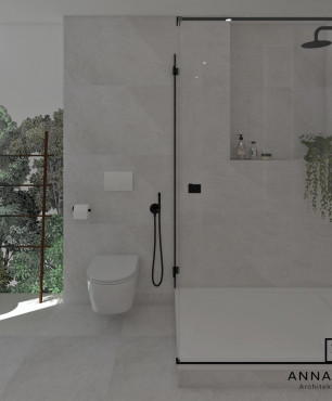 Projekt łazienki z tapetą z roślinami na ścianie