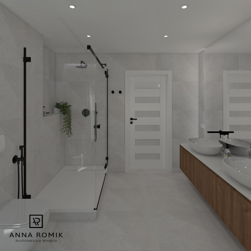 Łazienka z dużym prysznicem oraz szarymi płytkami na podłodze i ścianie