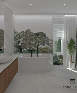 Projekt łazienki z wanną zabudowaną, wolnostojącą oraz z motywem roślinnym na ścianie