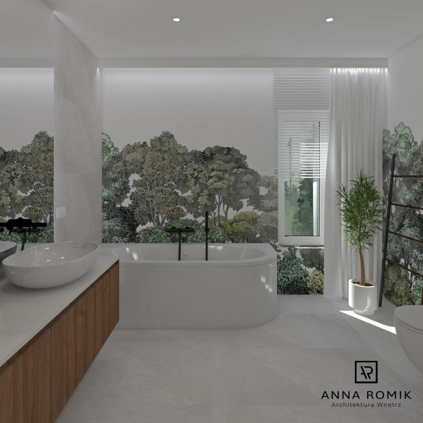 Projekt łazienki z wanną zabudowaną, wolnostojącą oraz z motywem roślinnym na ścianie