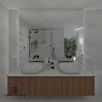 Projekt łazienki z lustrem prostokątnym oraz dwoma zlewami, owalnymi w kolorze białym
