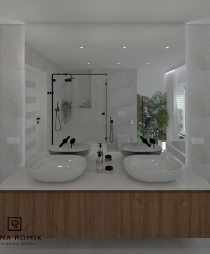 Projekt łazienki z lustrem prostokątnym oraz dwoma zlewami, owalnymi w kolorze białym