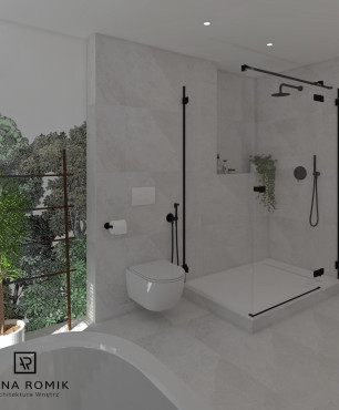 Projekt łazienki z prysznicem oraz białą muszlą wiszącą
