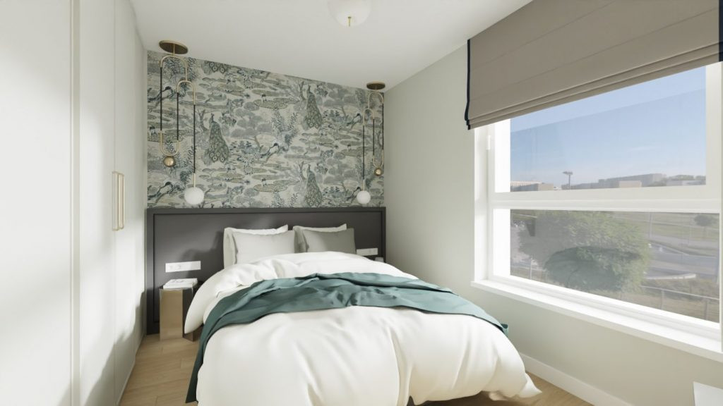 Sypialnia z tapeta na ścianie oraz modną lampą wiszącą