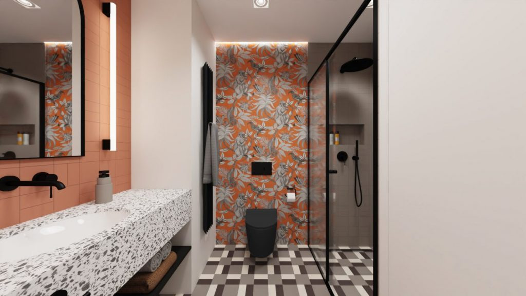 Projekt łazienki z wzorzystymi pytkami na podłodze i ścianie