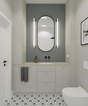 Projekt łazienki z białą szafką stojącą oraz owalnym zlewem podblatowym