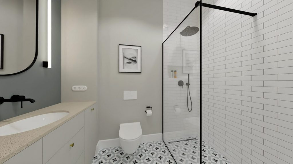 Projekt łazienki z prysznicem oraz płytkami ze wzorem na podłodze