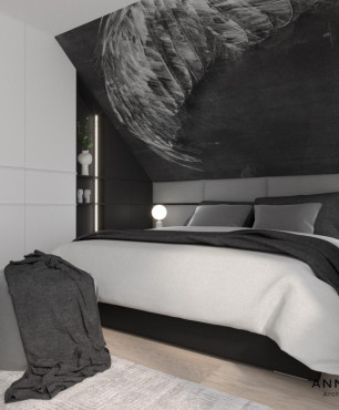 Projekt sypialni z czarną tapetą z dużym piórem