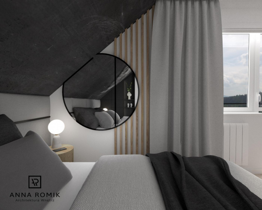 Projekt sypialni na poddaszu z okrągłym lustrem
