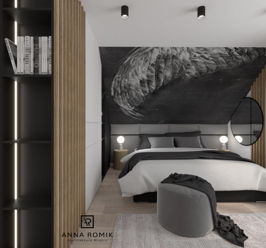 Projekt sypialni z dużym łóżkiem kontynentalnym oraz tapetą z czarnym tłem