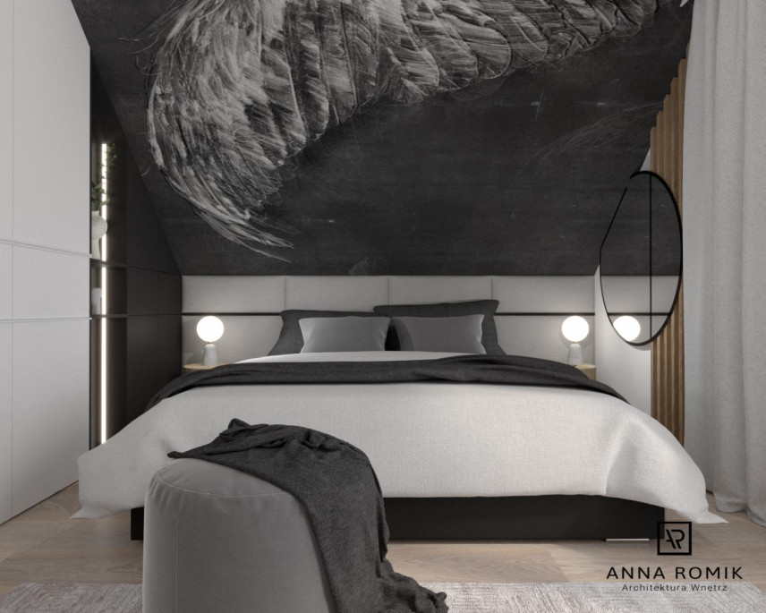 Projekt sypialni z tapicerowanym, szarym łóżkiem kontynentalnym