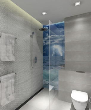Szara łazienka z prysznice typu walk-in