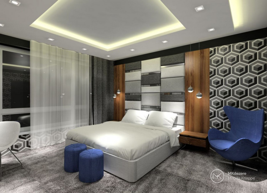 Stylowa sypialnia z tapicerowaną ścianą