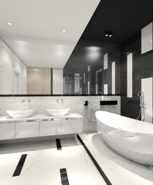 Projekt łazienki czarno-białej z wanną owalną stojącą