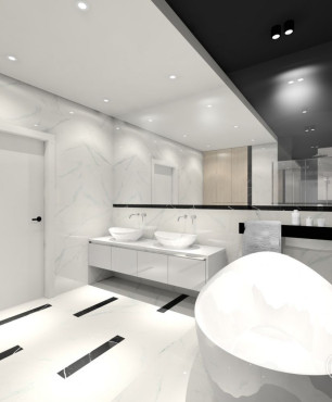 Projekt łazienki z biało-czarnym sufitem