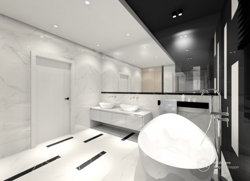 Projekt łazienki z biało-czarnym sufitem