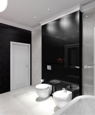 Projekt łazienki z białymi płytkami na podłodze i czarnymi na ścianie