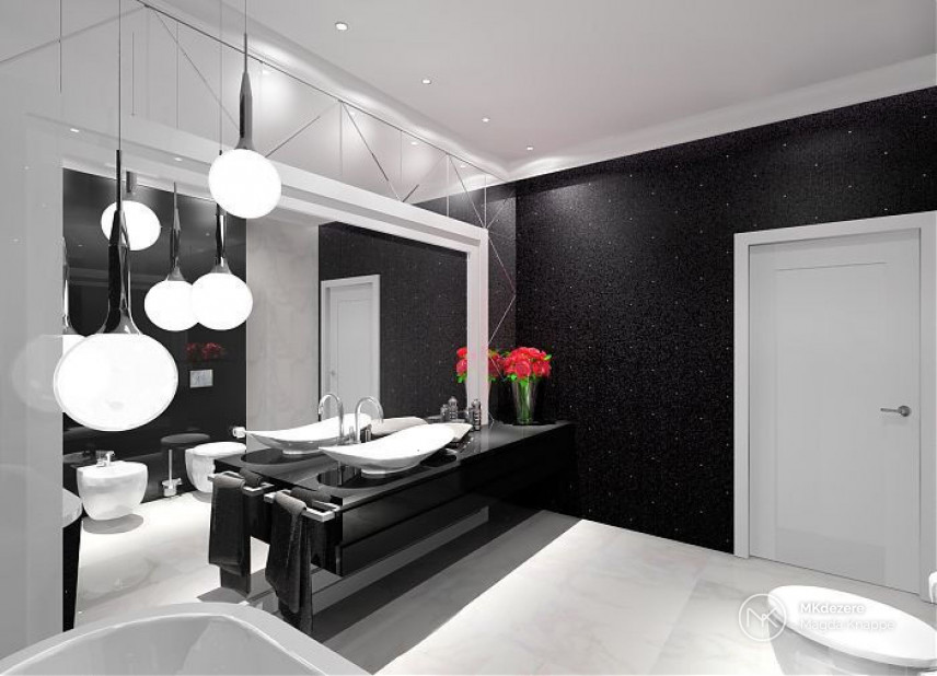 Projekt łazienki z dużym lustrem ozdobnym na ścianie oraz z czarną szafką wiszącą