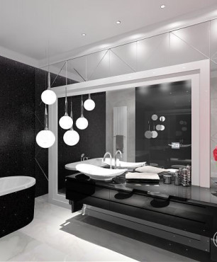 Projekt łazienki z modnym oświetleniem nad lustrem
