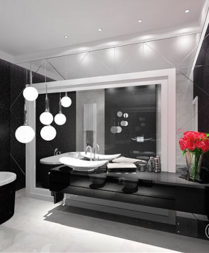 Projekt łazienki z wanną owalną oraz z armaturą łazienkową w kolorze srebrnym