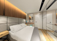 Projekt sypialni z drewnianą szafką montowaną nad łóżkiem kontynentalnym