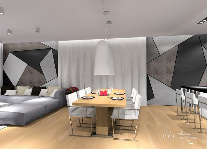 Salon z jadalnią oraz wzorem geometrycznym w szarościach na ścianie