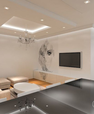 Projekt salonu w stylu glamour z telewizorem na ścianie
