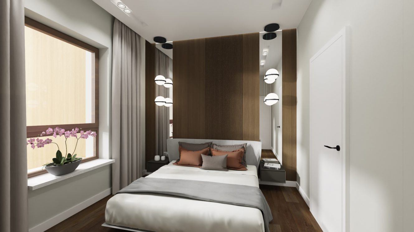 Sypialnia z drewnem na ścianie za łóżkiem kontynentalnym