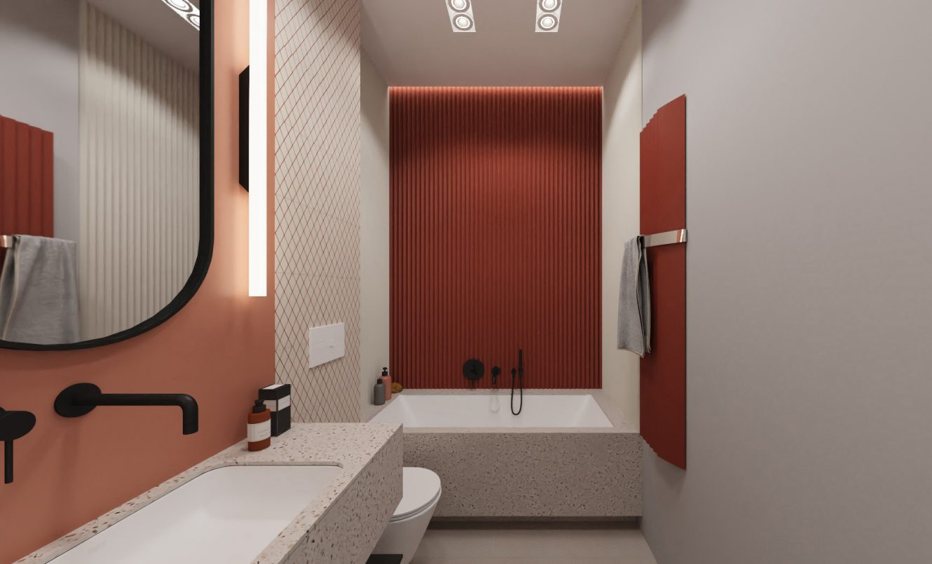 Łazienka w kontrastowych kolorach z eliptycznym lustrem