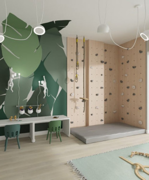 Pokój dziecięcy z tapetą z motywem botanicznym oraz ze ścianką wspinaczkową