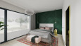 Sypialnia z zieloną ścianą za łóżkiem kontynentalnym