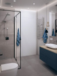 Projekt łazienki z szarymi płytkami na podłodze i ścianie oraz z prysznicem