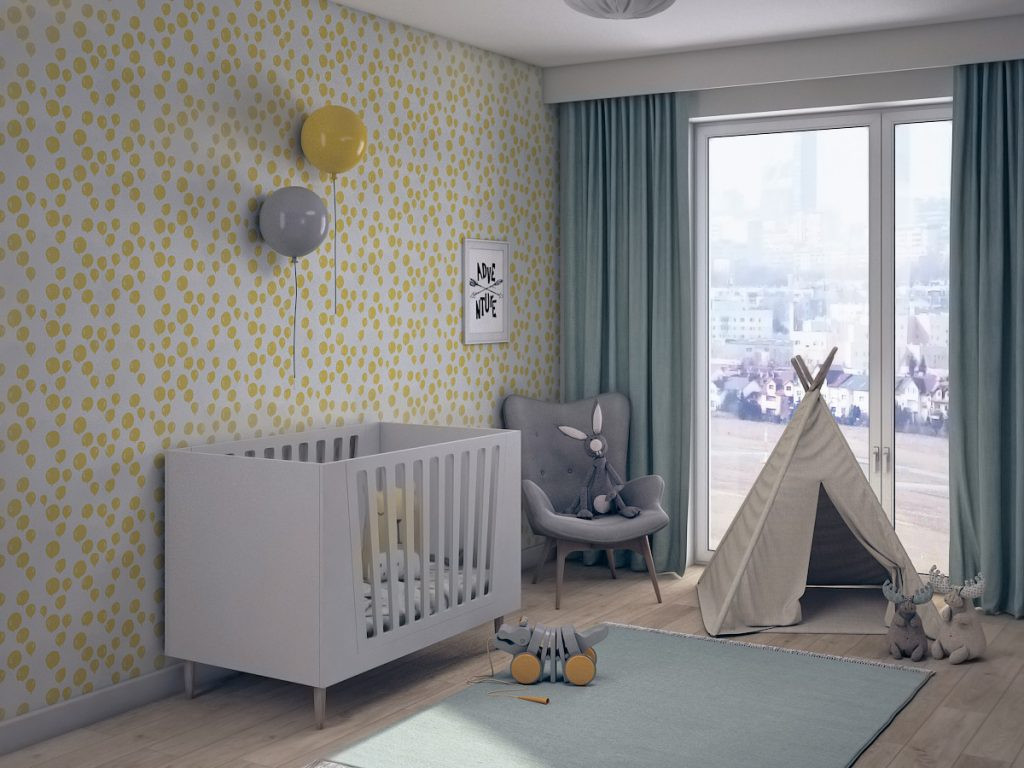 Pokój dziecięcy z tapetą w żółte baloniki