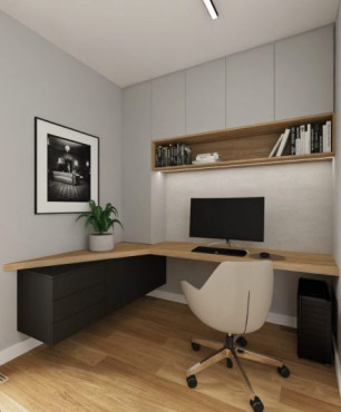 Projekt biura w domu z drewnianym blatem na wymiar