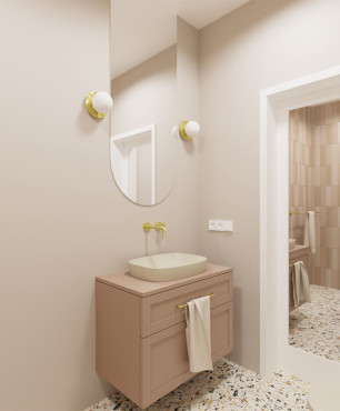 Projekt łazienki w beżowym kolorze z eliptycznym lustrem