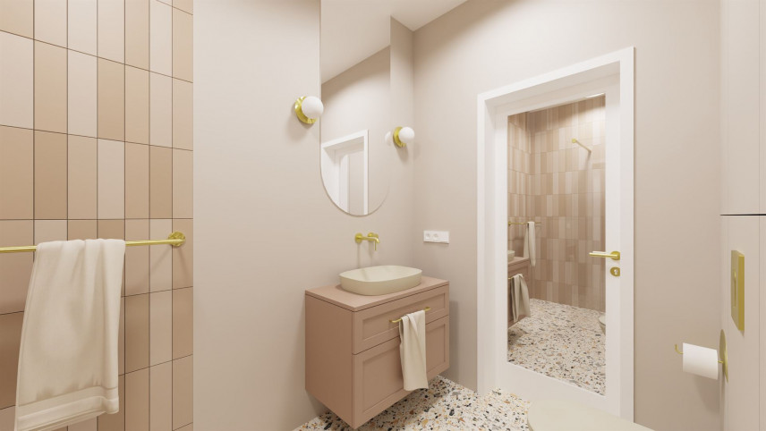 Projekt łazienki w beżowym kolorze z eliptycznym lustrem