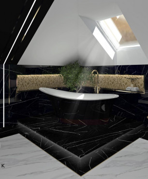Łazienka na poddaszu z czarną wanną i marmurową podłogą
