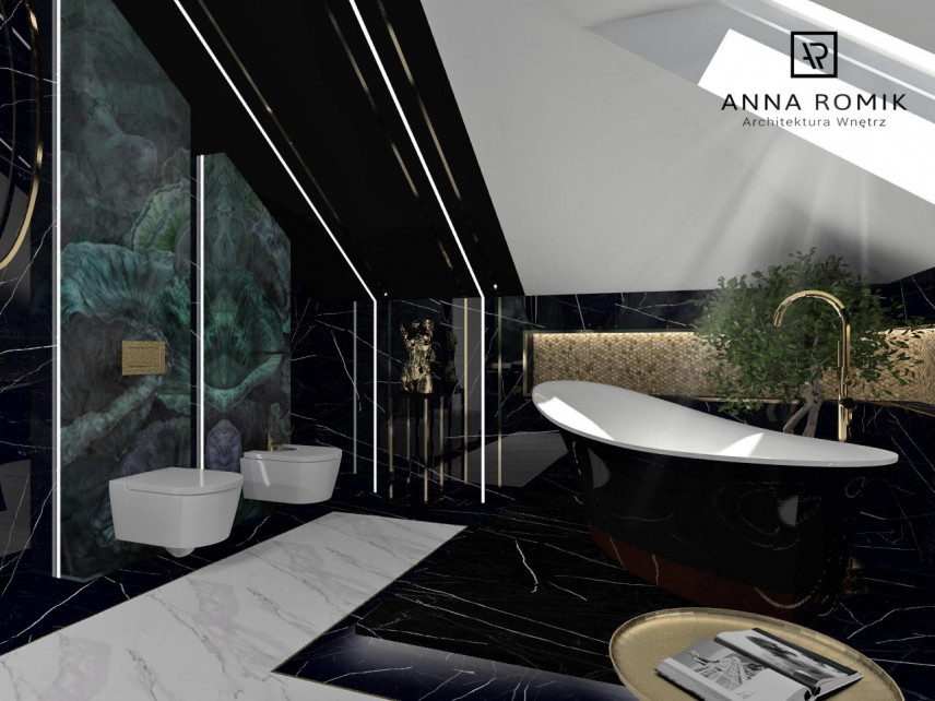 Łazienka w stylu glamour z złotym stolikiem, czarną wanną i  białą toaletą