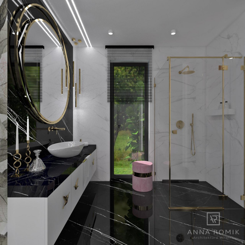 Czarno - biała łazienka z dużym okrągłym lustrem, prysznicem i pufą.