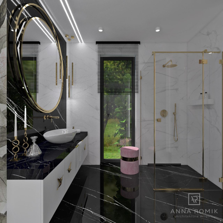 Czarno - biała łazienka z dużym okrągłym lustrem, prysznicem i pufem.