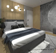 Sypialnia z panelami ściennymi, wiszącą lampą, łóżkiem podwójnym i dywanem