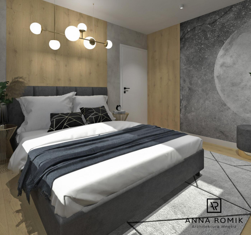 Sypialnia z panelami ściennymi, wiszącą lampą, łóżkiem podwójnym i dywanem