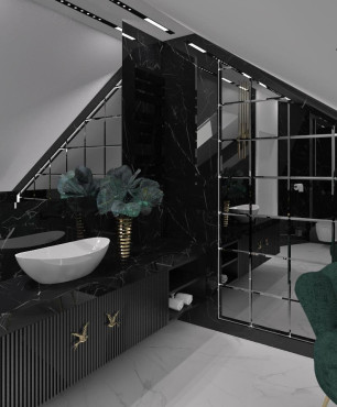 Wąska łazienka w stylu glamour z trójkątnym lustrem i zielonym fotelem