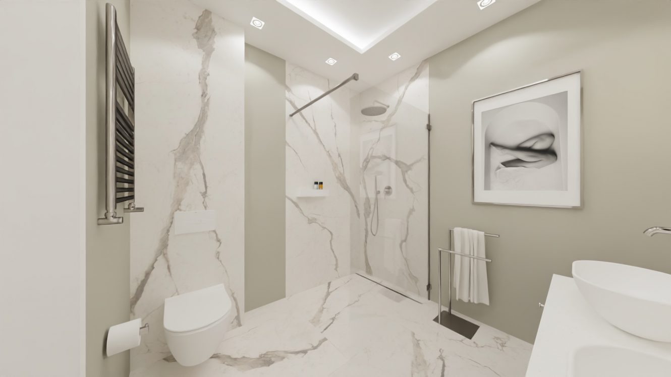 Projekt łazienki z białym gresem z szarym spiekiem kwarcowym oraz z prysznicem