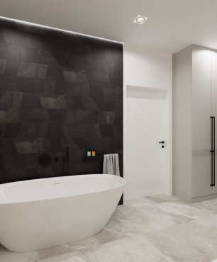 Projekt łazienki z czarnymi ścianami, szarą podłogą oraz wanną i prysznicem
