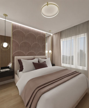 Sypialnia z modnym wzorem na tapecie na ścianie za łóżkiem kontynentalnym