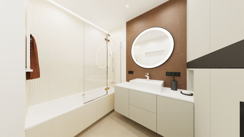 Projekt biało-brązowej łazienki z wanną w zabudowie